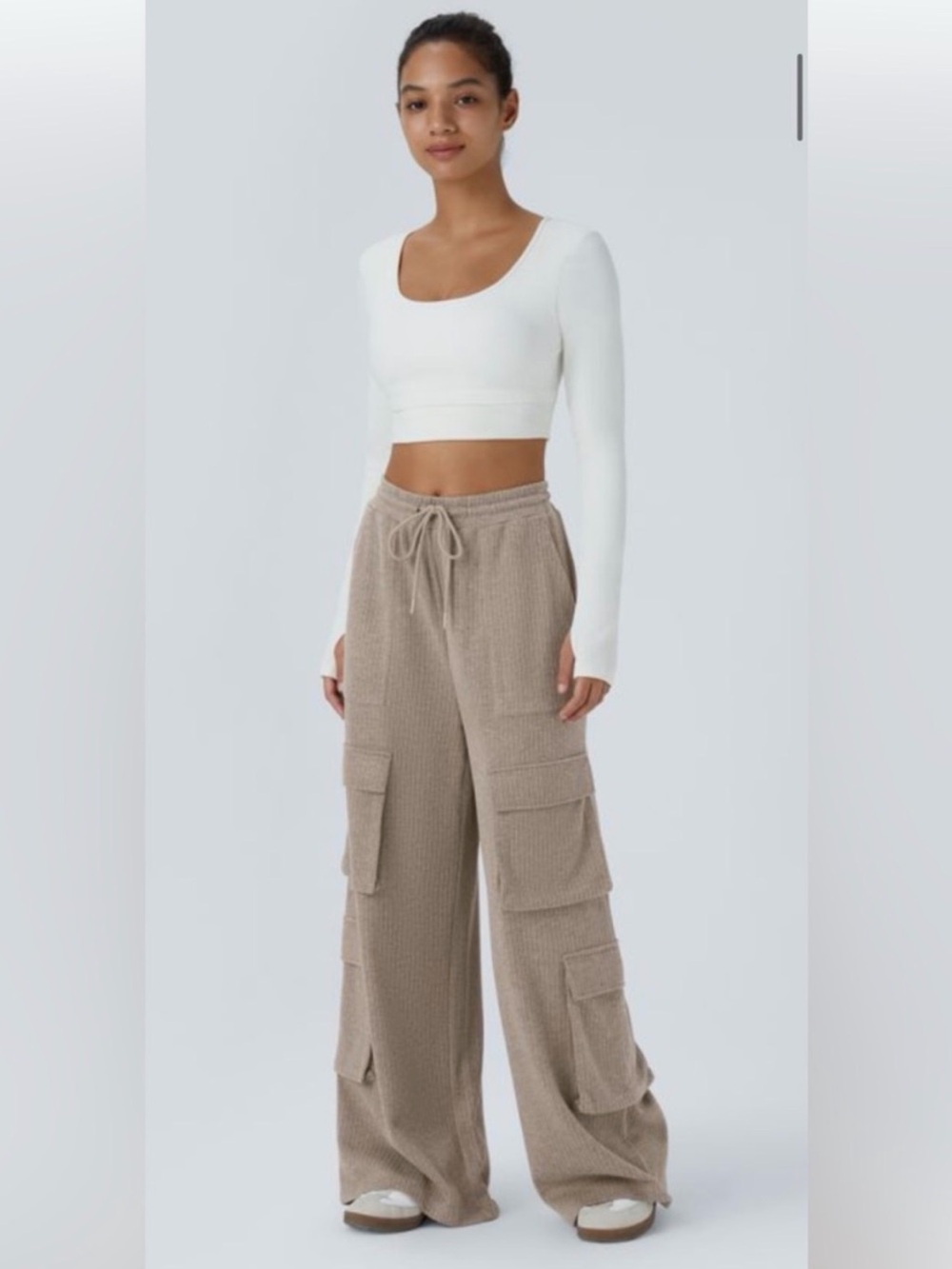 Halara Wide Leg Cargo joggers ribbed pants Mocha Meringue SZ L